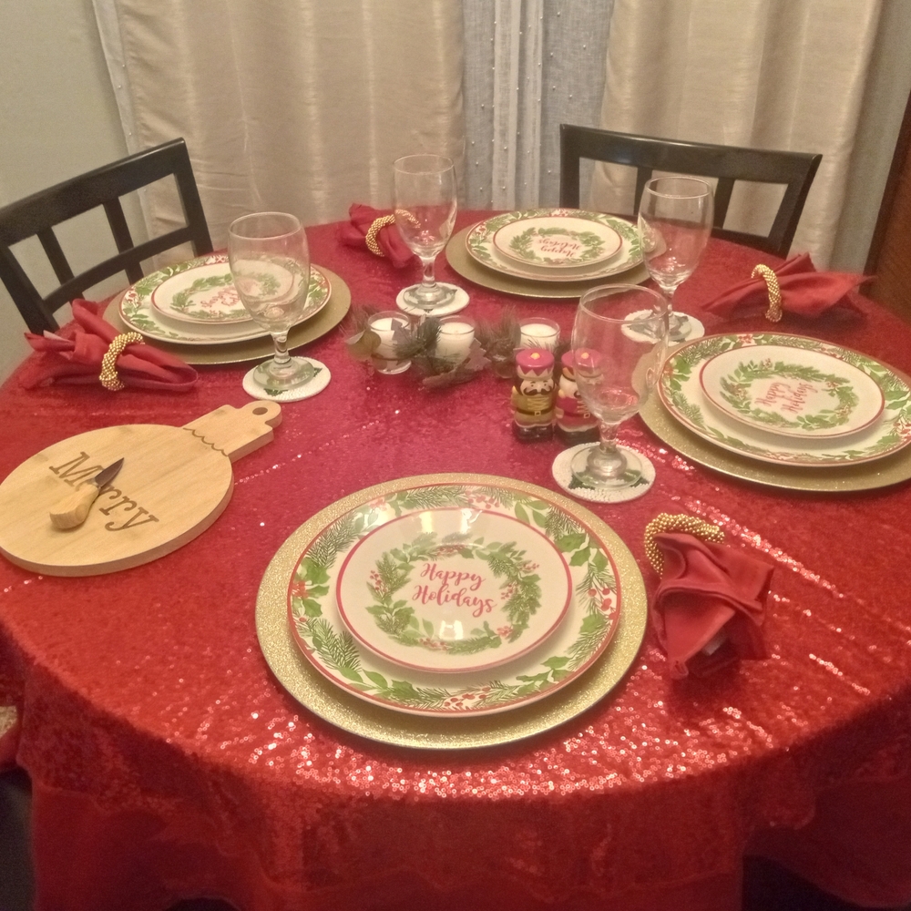 Holiday Table Setup — Red Sequin, Gold Chargers, Personalized Hosting Ideas